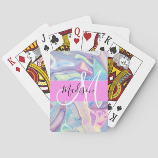 Girly Pink Holographic Iridescent Monogram Name Poker Cards