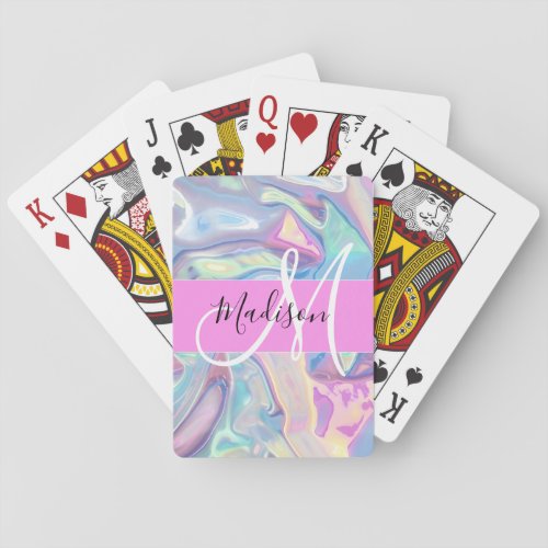 Girly Pink Holographic Iridescent Monogram Name Poker Cards