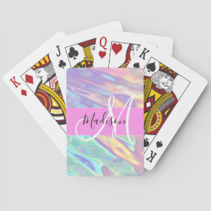Girly Pink Holographic Iridescent Monogram Name Poker Cards