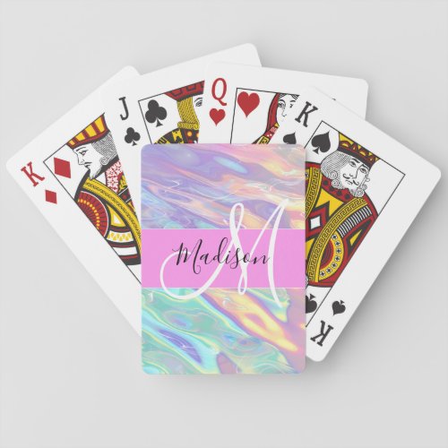 Girly Pink Holographic Iridescent Monogram Name Poker Cards