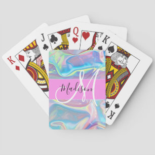 Girly Pink Holographic Iridescent Monogram Name Poker Cards