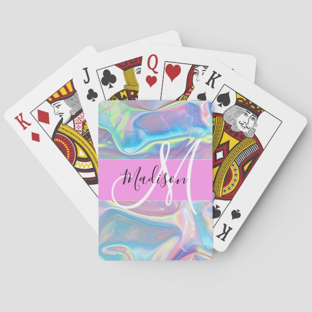 Girly Pink Holographic Iridescent Monogram Name Poker Cards (Back)