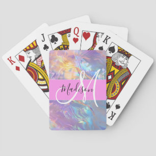 Girly Pink Holographic Iridescent Monogram Name Poker Cards