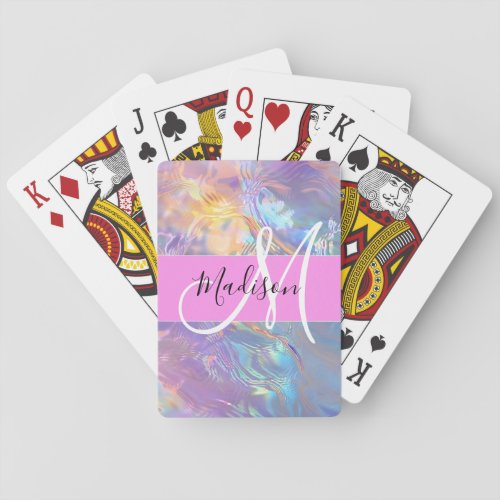 Girly Pink Holographic Iridescent Monogram Name Poker Cards