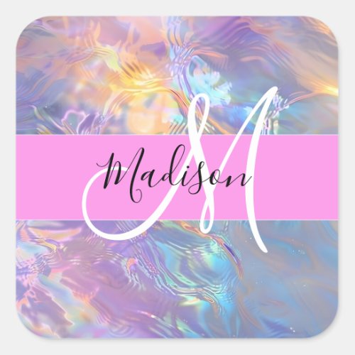 Girly Pink Holographic Iridescent Monogram Name Square Sticker