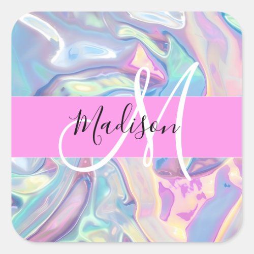 Girly Pink Holographic Iridescent Monogram Name Square Sticker