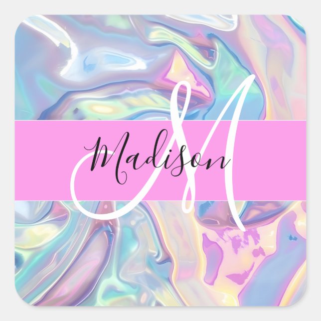 Girly Pink Holographic Iridescent Monogram Name Square Sticker (Front)
