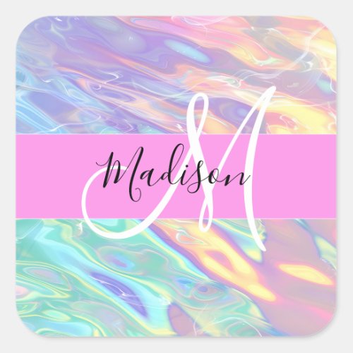 Girly Pink Holographic Iridescent Monogram Name Square Sticker