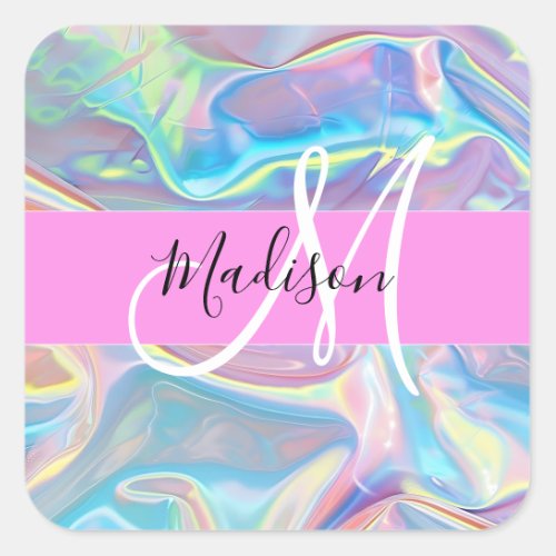 Girly Pink Holographic Iridescent Monogram Name Square Sticker