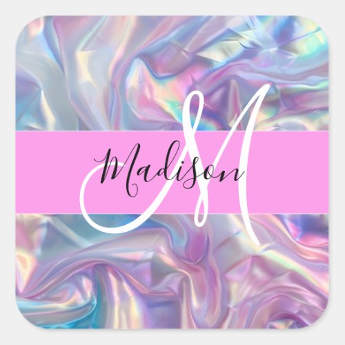 Girly Pink Holographic Iridescent Monogram Name Square Sticker