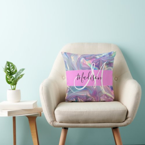 Girly Pink Holographic Iridescent Monogram Name Throw Pillow