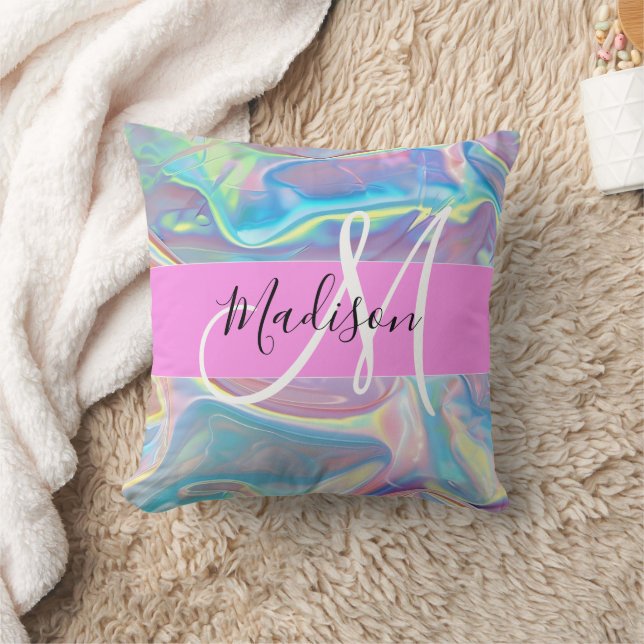 Girly Pink Holographic Iridescent Monogram Name Throw Pillow (Blanket)