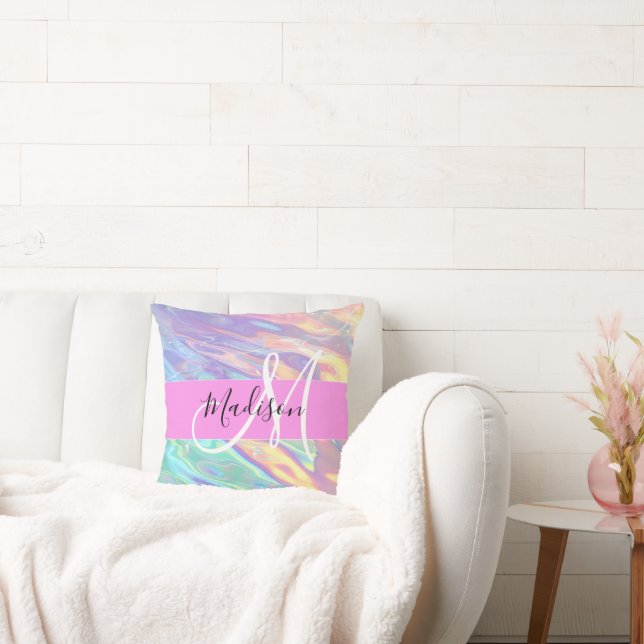 Girly Pink Holographic Iridescent Monogram Name Throw Pillow (Couch)