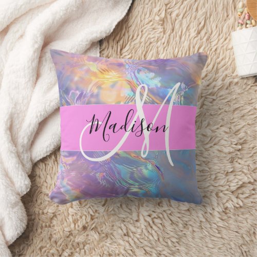 Girly Pink Holographic Iridescent Monogram Name Throw Pillow