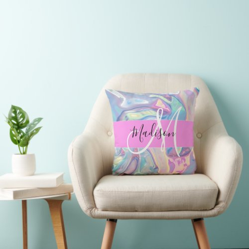 Girly Pink Holographic Iridescent Monogram Name Throw Pillow