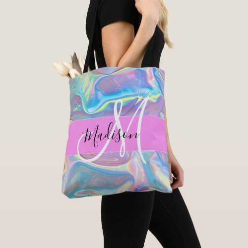 Girly Pink Holographic Iridescent Monogram Name Tote Bag