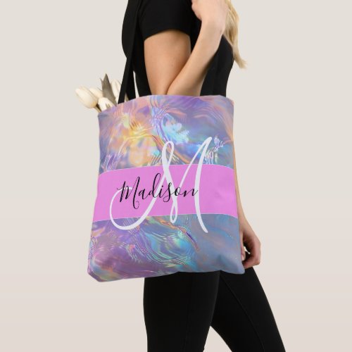 Girly Pink Holographic Iridescent Monogram Name Tote Bag