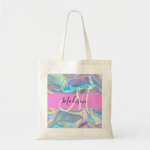 Girly Pink Holographic Iridescent Monogram Name Tote Bag