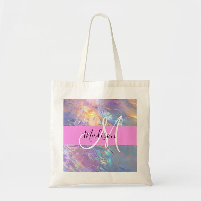 Girly Pink Holographic Iridescent Monogram Name Tote Bag (Front)