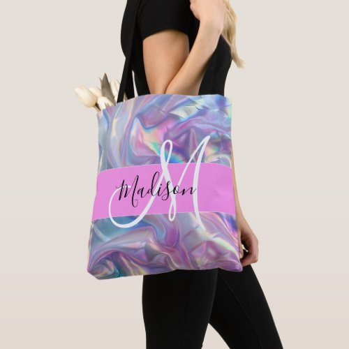 Girly Pink Holographic Iridescent Monogram Name Tote Bag