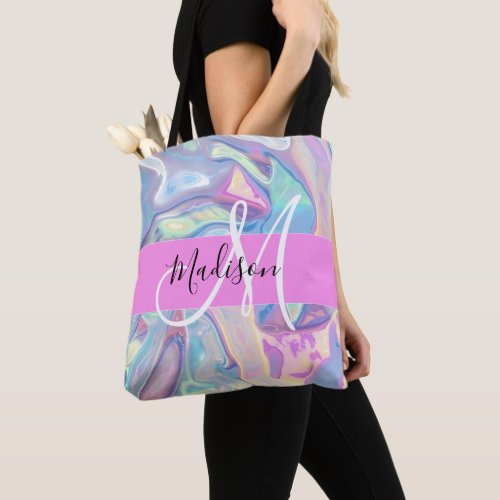 Girly Pink Holographic Iridescent Monogram Name Tote Bag