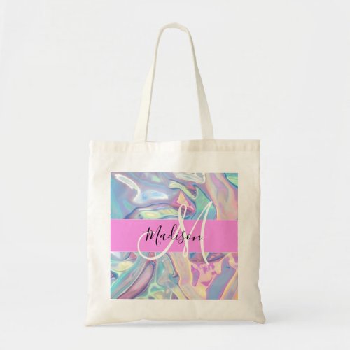 Girly Pink Holographic Iridescent Monogram Name Tote Bag