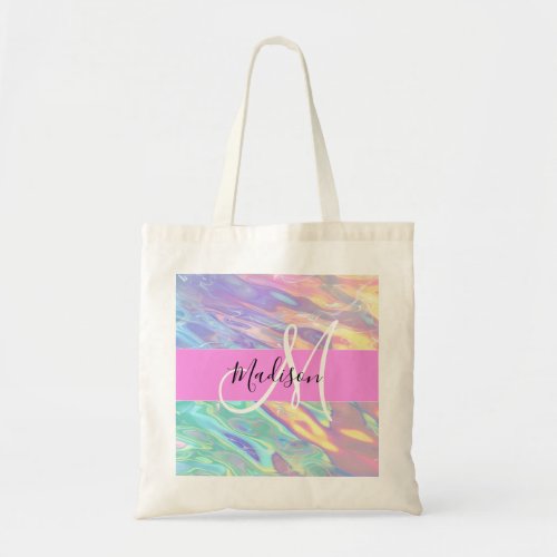 Girly Pink Holographic Iridescent Monogram Name Tote Bag