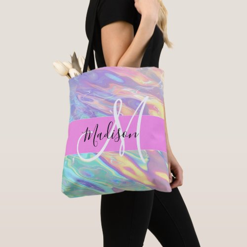 Girly Pink Holographic Iridescent Monogram Name Tote Bag