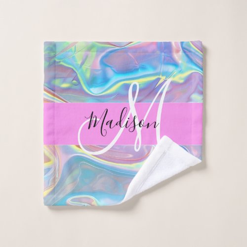 Girly Pink Holographic Iridescent Monogram Name Wash Cloth