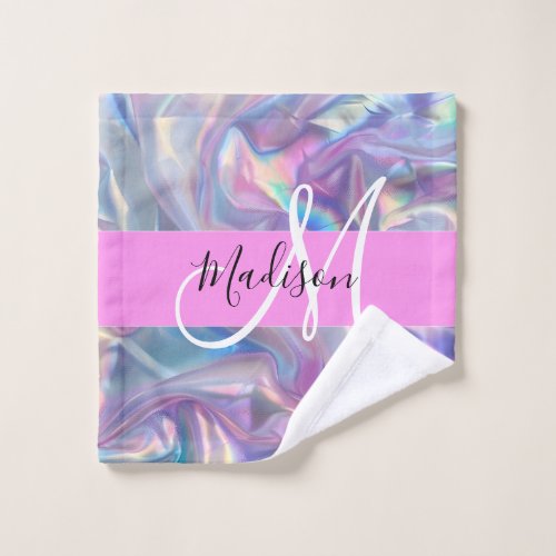 Girly Pink Holographic Iridescent Monogram Name Wash Cloth