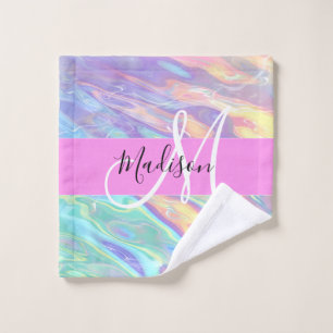 Girly Pink Holographic Iridescent Monogram Name Wash Cloth