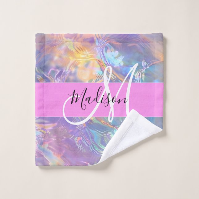 Girly Pink Holographic Iridescent Monogram Name Wash Cloth (Wash Cloth)