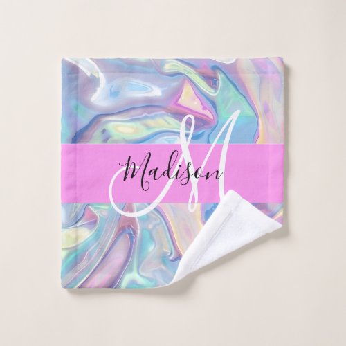 Girly Pink Holographic Iridescent Monogram Name Wash Cloth