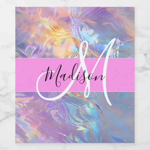 Girly Pink Holographic Iridescent Monogram Name Wine Label