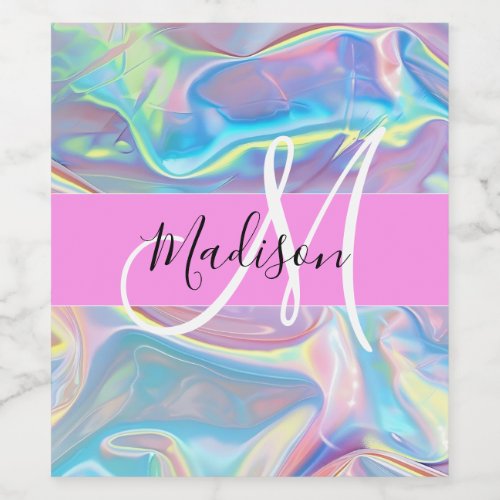 Girly Pink Holographic Iridescent Monogram Name Wine Label