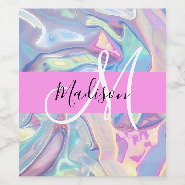 Girly Pink Holographic Iridescent Monogram Name Wine Label (Single Label)