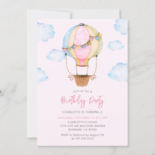 Girly Pink Hot Air Balloon Floral Birthday Party Invitation