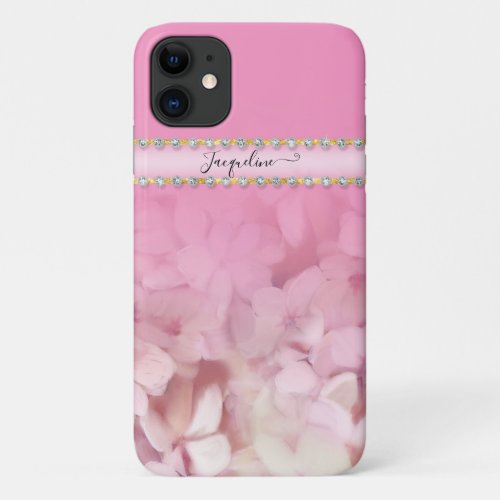 Girly Pink Hydrangea Floral Gold Glitter Jewels iPhone 11 Case