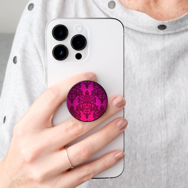 Girly Pink Intricate Lace Damask Pattern PopSocket (Hand)