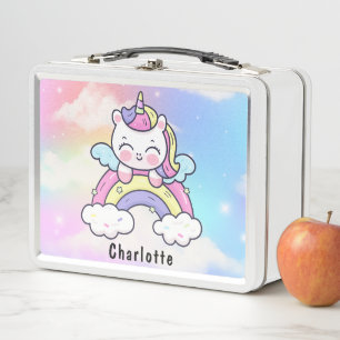Girly Pink Kawaii Unicorn Cat Holographic Rainbow Metal Lunch Box
