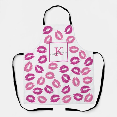 Girly Pink Kisses Lips Monogram Name Kitchen Apron