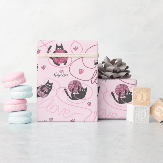 Girly Pink Kitty Love Kittens and Yarn Tangle Kids Wrapping Paper (Baby Shower)