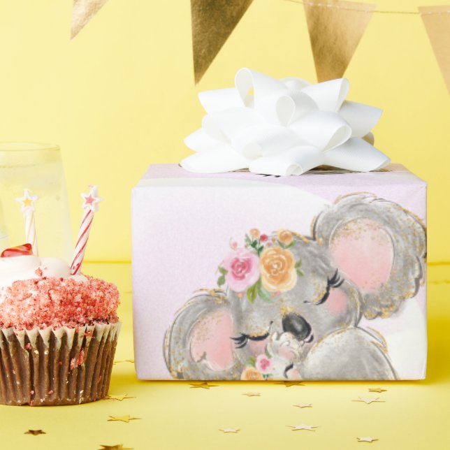 Girly Pink Koala Baby & Mom Wrapping Paper (Birthday Party)