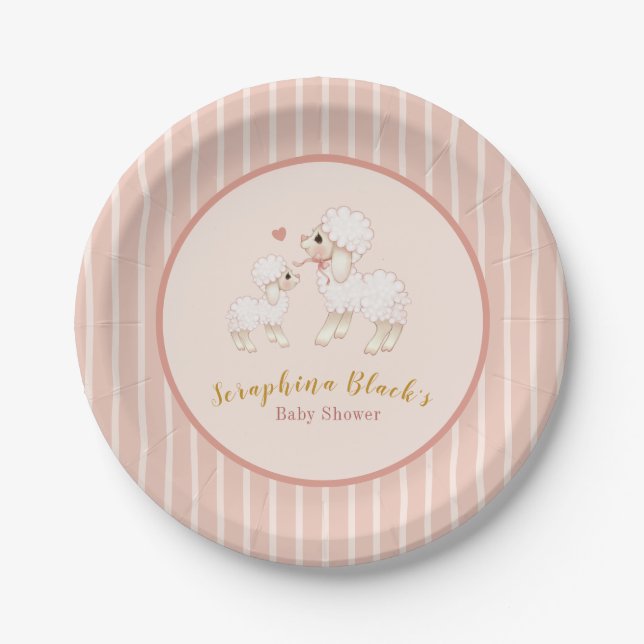 Girly Pink Lamb Baby Shower Paper Plates (Front)