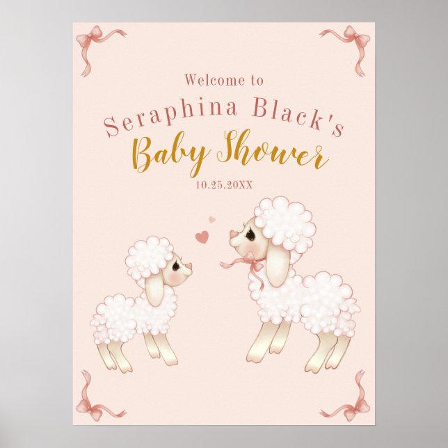 Girly Pink Lamb Baby Shower Welcome Poster (Front)