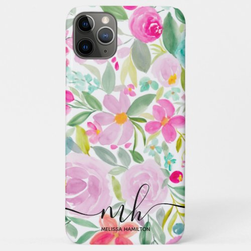 Girly pink lavender floral watercolor monogram iPhone 11 pro max case