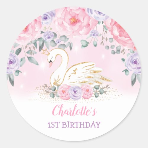 Girly Pink Lavender Swan Princess Birthday Favors Classic Round Sticker