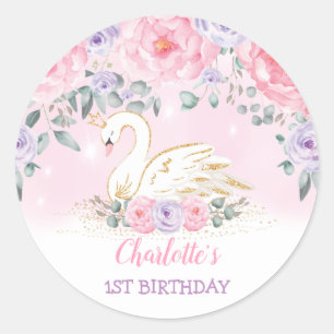 Girly Pink Lavender Swan Princess Birthday Favors Classic Round Sticker