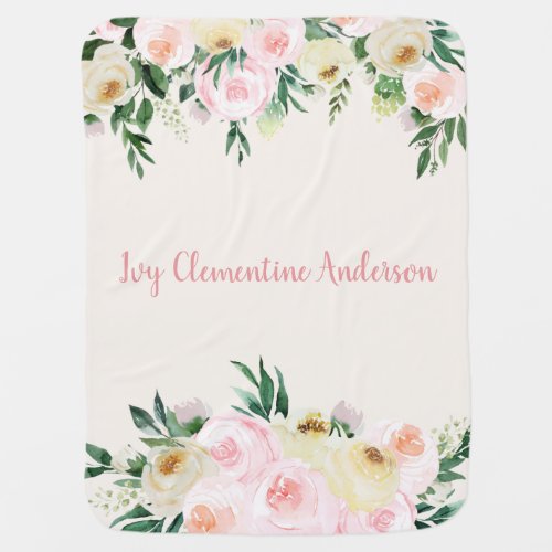 Girly pink lemon beautiful watercolor floral baby blanket