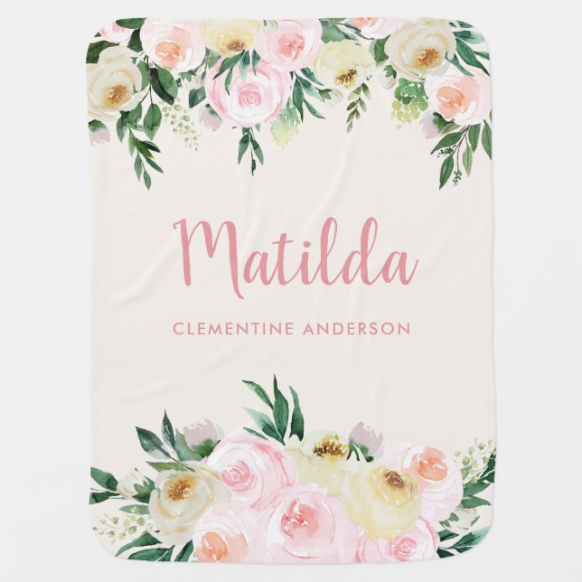 Girly pink lemon beautiful watercolor floral baby blanket (Front)